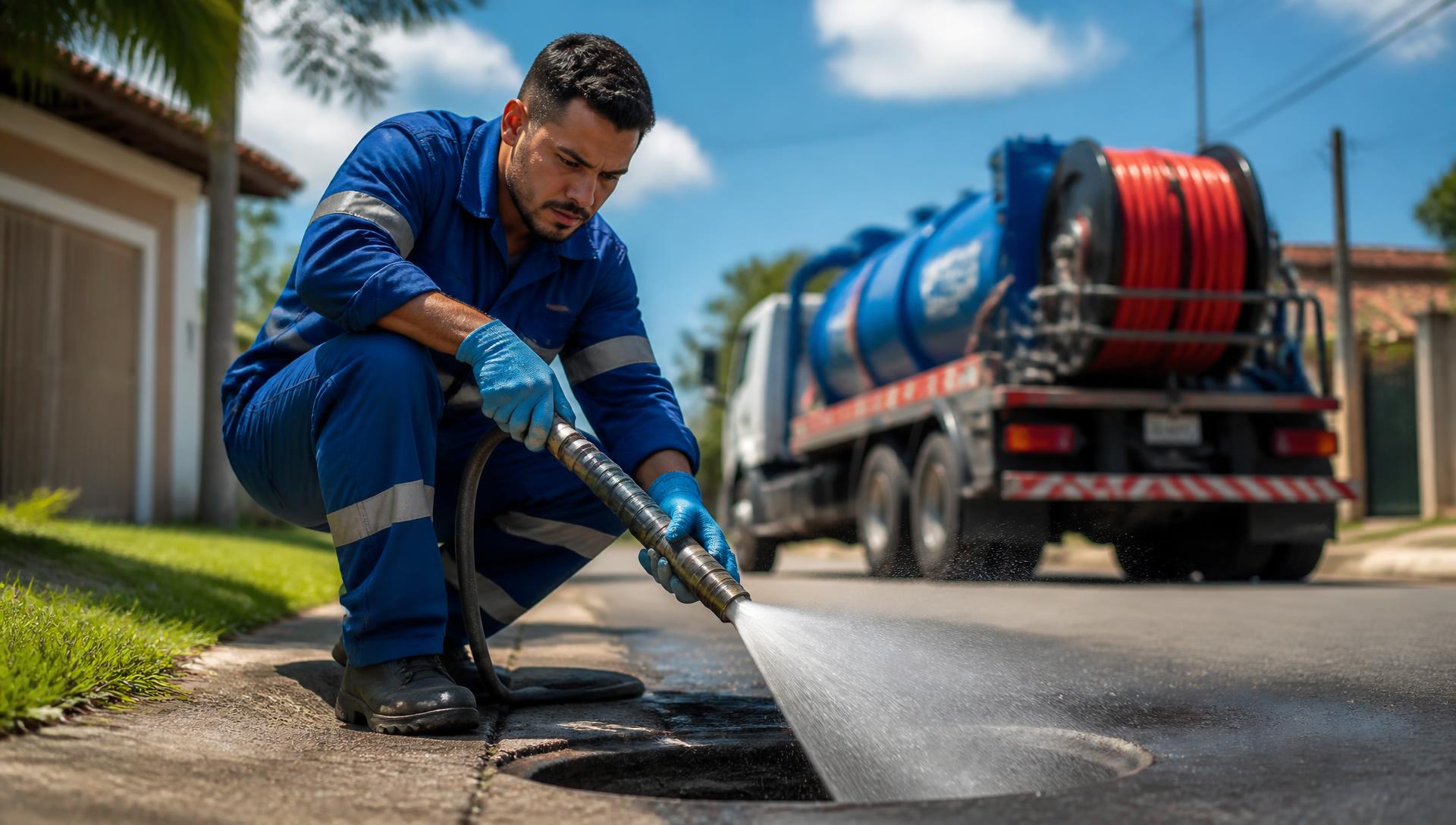 Técnico da Desentupidora Maktub usando equipamento de desentupimento